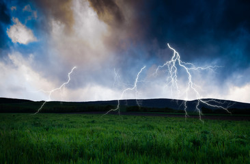 Obraz premium Thunderstorm with lightning in green meadow