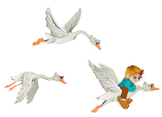 The boy flies on a goose