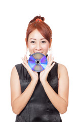 Fototapeta premium Asian girl show a disc with her both hands