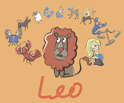 collection of cartoon zodiac signs headed lion