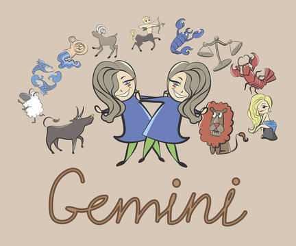 collection of cartoon zodiac signs headed twins