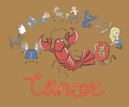 collection of cartoon zodiac signs, led by cancer