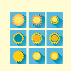 Fototapeta premium Set of glossy flat style vector sun icons images