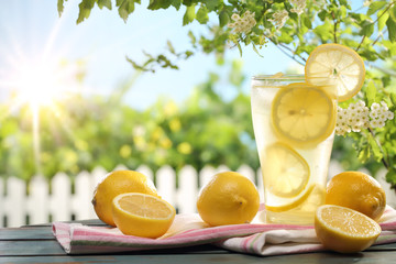 Citrus lemonade in garden setting. - obrazy, fototapety, plakaty