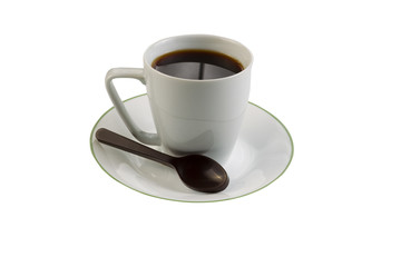Black Coffee with Dark Chocolate Spoon on White background