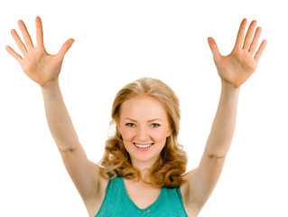 Fototapeta na wymiar Portrait smiling woman showing ten fingers