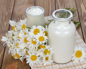 Fototapeta na wymiar Milk, yogurt and chamomile
