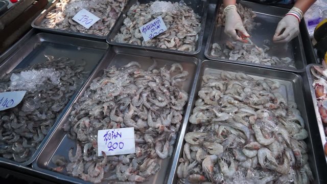 Fresh crawfishes and shrimps on the market in Thailand