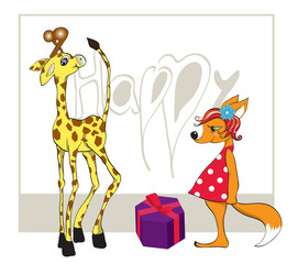 Giraffe with a gift and a fox