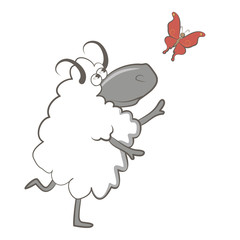 Throwing and cartoon sheep with horns looking at a butterfly