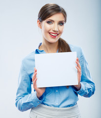 Business woman hold banner, white background  portrait. Female