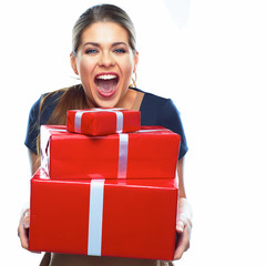 Happy woman present gift box.