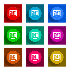 16 9 display flat icon vector set