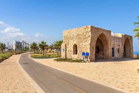 Promenade and ancient tomb in Ashqelon, Israel.