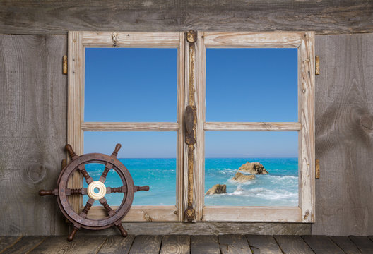 Fototapeta Hintergrund mit Blick aufs Meer - Ozean und Holz maritim