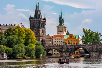 Zelfklevend Fotobehang Medieval tower and Charles Bridge in Prague. © Rostislav Glinsky