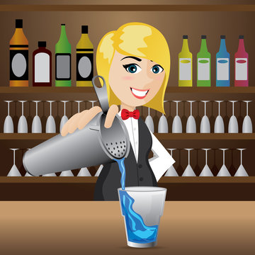 Cartoon Girl Bartender Pouring Cocktail