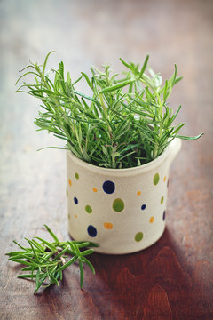 fresh rosemary herb on the wooden table