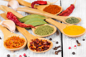 Colorful spices in wooden spoons