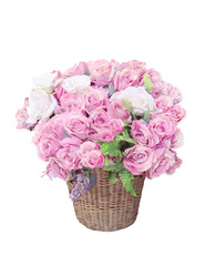 pink roses flowers bouquet arrangement in bamboo basket for deco