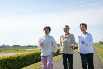 道路を歩く日本人高齢者の3人組