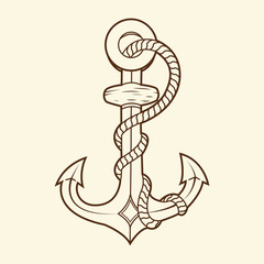 Nautical anchor with rope isolated on beige background