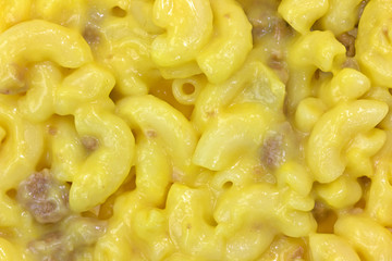Close view of macaroni and cheese with beef
