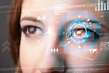 Future woman with cyber technology eye panel concept