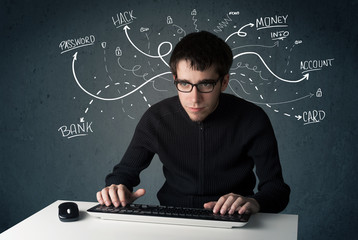 Young hacker with white drawn line thoughts