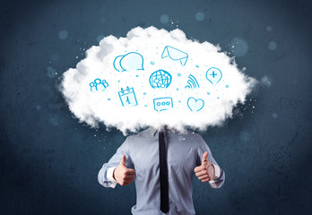 Man in suit with cloud head and blue icons