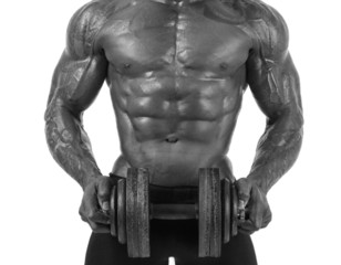 Fototapeta na wymiar Close up on perfect abs. Strong bodybuilder with six pack