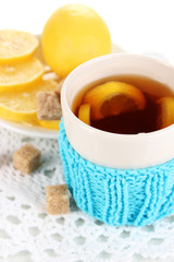 Cup of tea with lemon close up