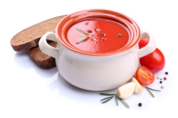 Tasty tomato soup and vegetables, isolated on white