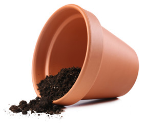 Clay flower pot with soil, isolated on white