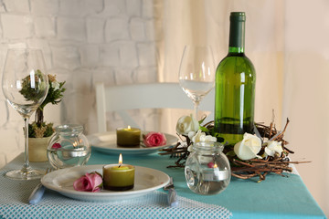 Beautiful holiday Easter table setting in blue tones,