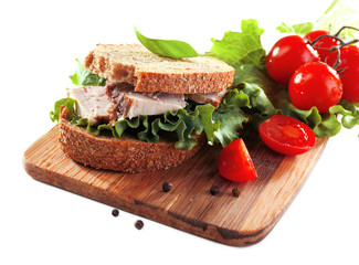 Fototapeta na wymiar Delicious sandwiches with meet isolated on white