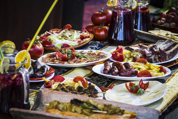Mediterranean food plates, European cuisine, medieval fair in Sp