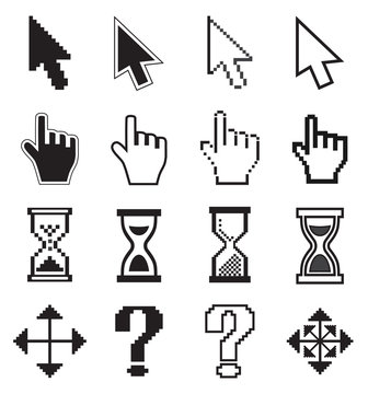 Pixel cursors icons arrow, hourglass, hand mouse.