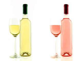 Bottle and glass of white and rose wine isolated