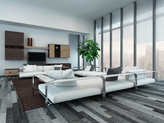 Modern living room interior with wooden cabinets