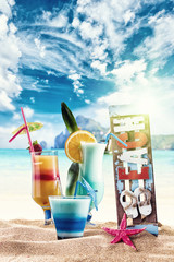 Three Fresh tropical cocktails on beautiful beach