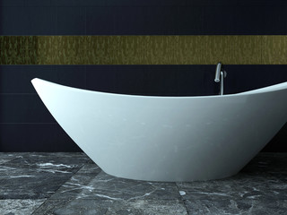 White bathtub stading in front of black tiled wall