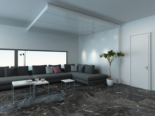 Living room with gray couch and marble floor