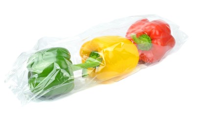 Fresh prepacked paprika peppers sealed in a cellophane bag