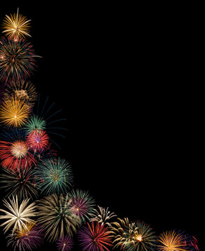 Festive fireworks display. Black background with copy space.