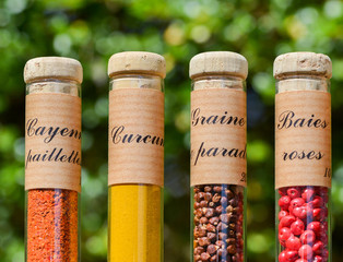 Various colorful spices, powders and herbs
