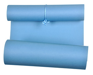 piece of blue paper rolled up in a roll isolated