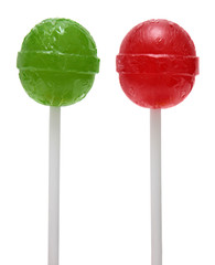 Red and green lollipop isolated on white background.