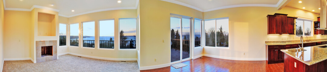 Open floor plan. Panoramic view of house interior