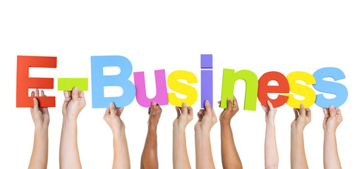 Diverse Hands Holding The Word E-Business
